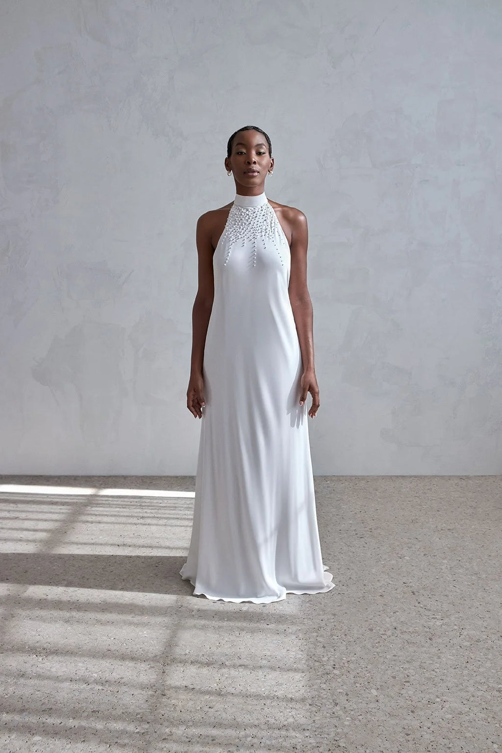 white silk halter neck wedding dress in & Pearl Carmen Marc Valvo Infusion If something isnt right Color:Dusty Light Pink Rewards Members Extra 10% off NH JANUARY