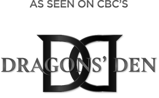 Black and white logo of 'Dragons' Den' with text 'As Seen on CBC's' above it.