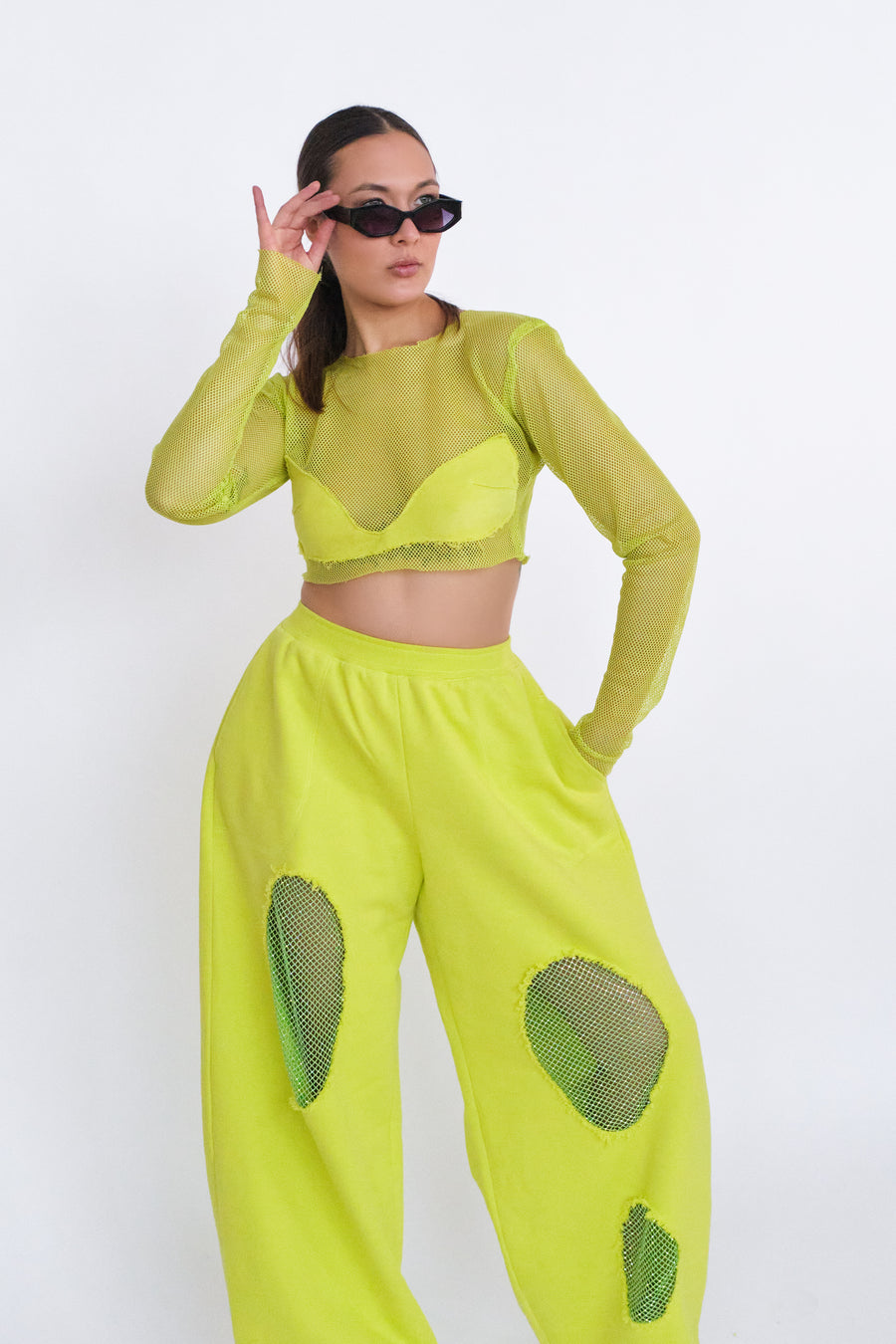 Mesh-Cutout Pants - Lime