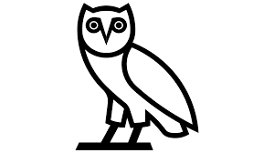 Black and white line drawing of an owl logo
