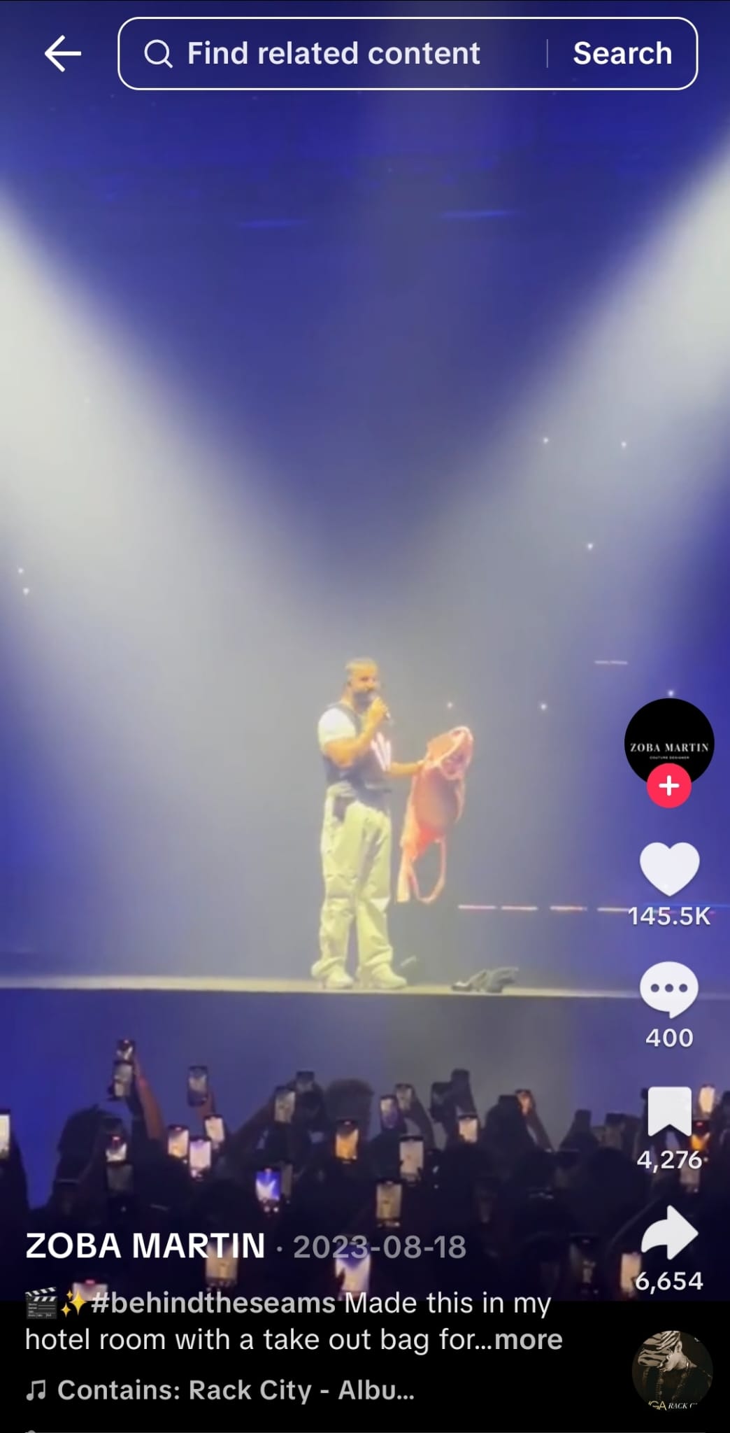 Drake on stage during the It’s All a Blur tour, holding a huge pink bra Zoba Martin made in her hotel room.