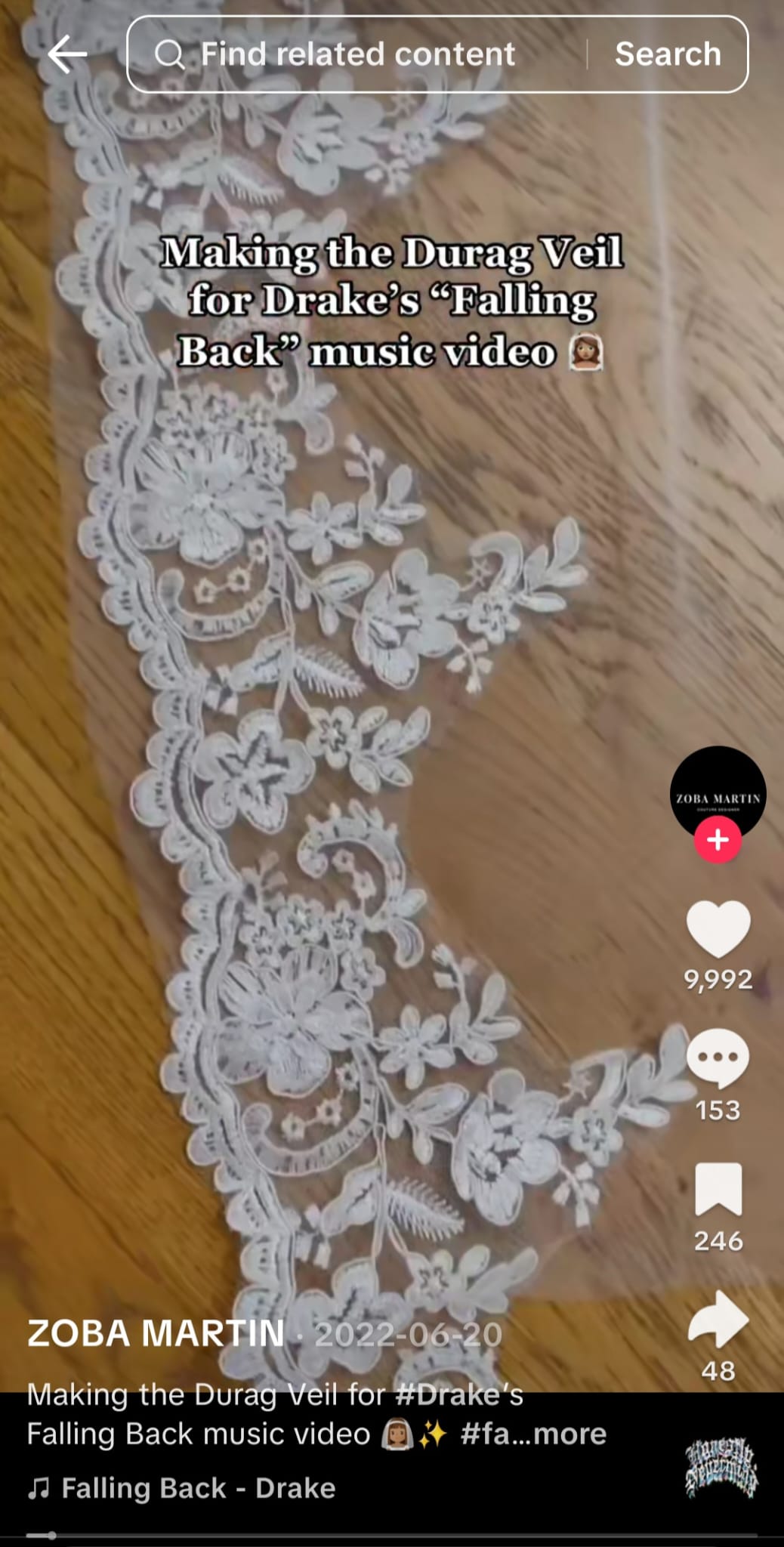 Lace-edged tulle for the durag veil Zoba Martin made for Drake’s Falling Back music video, laid on a wooden floor.